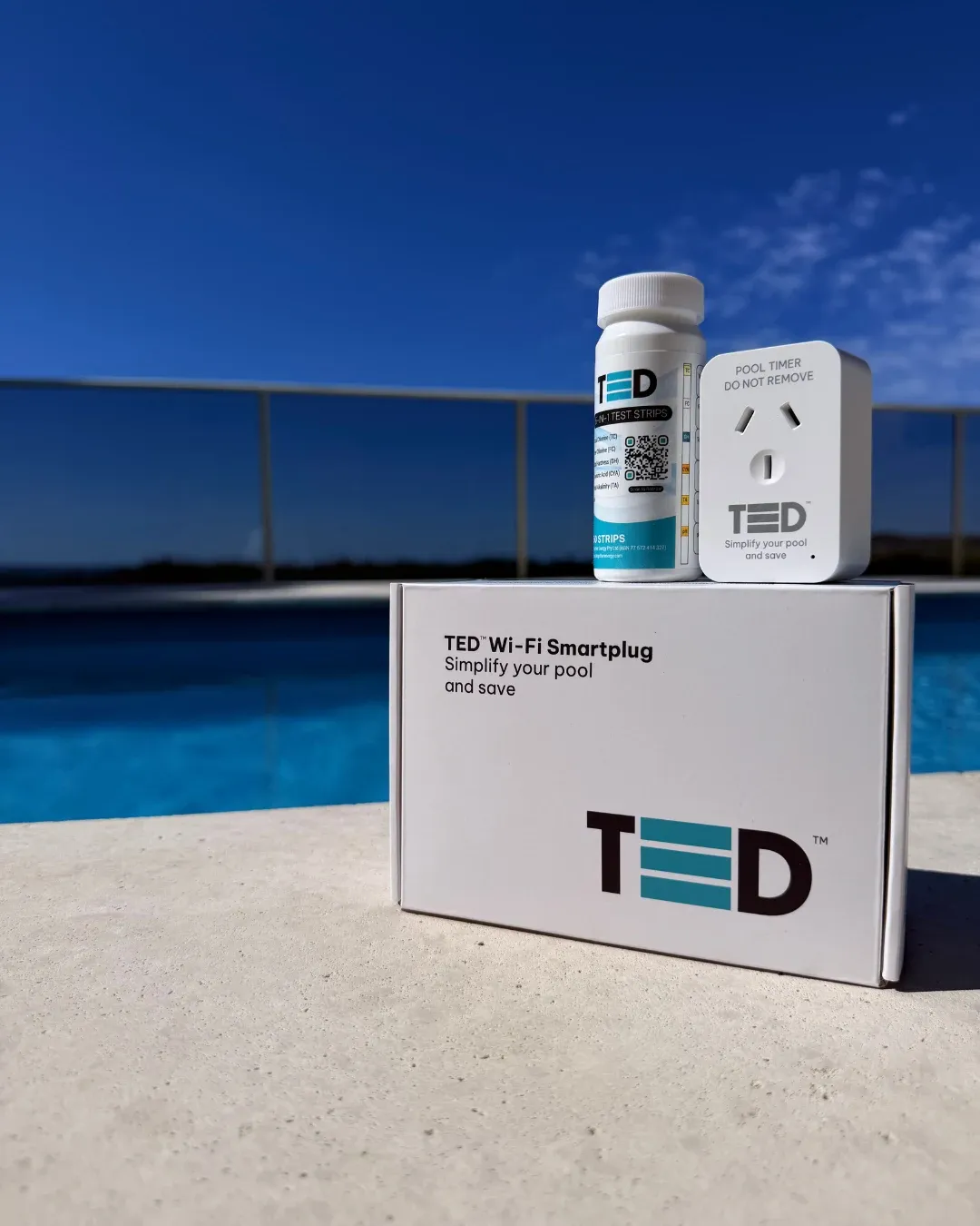 The TED smart plug and test strips on the TED box by a pool