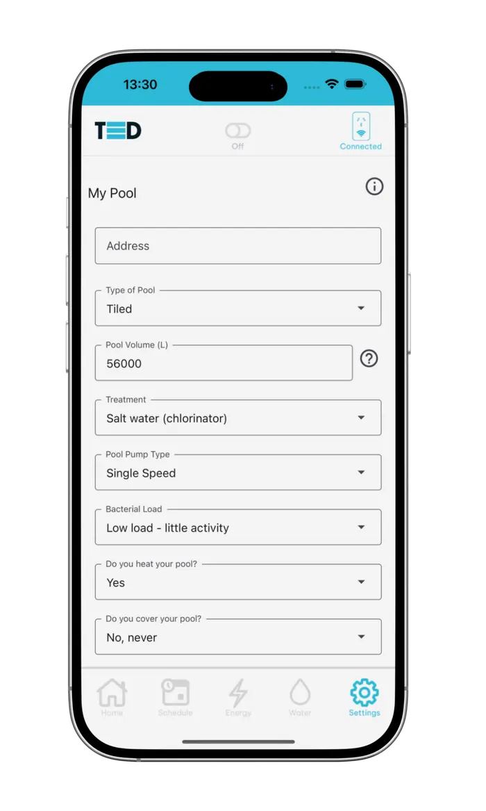 The TED app pool profile screen: pool type, volume, treatment and pump type